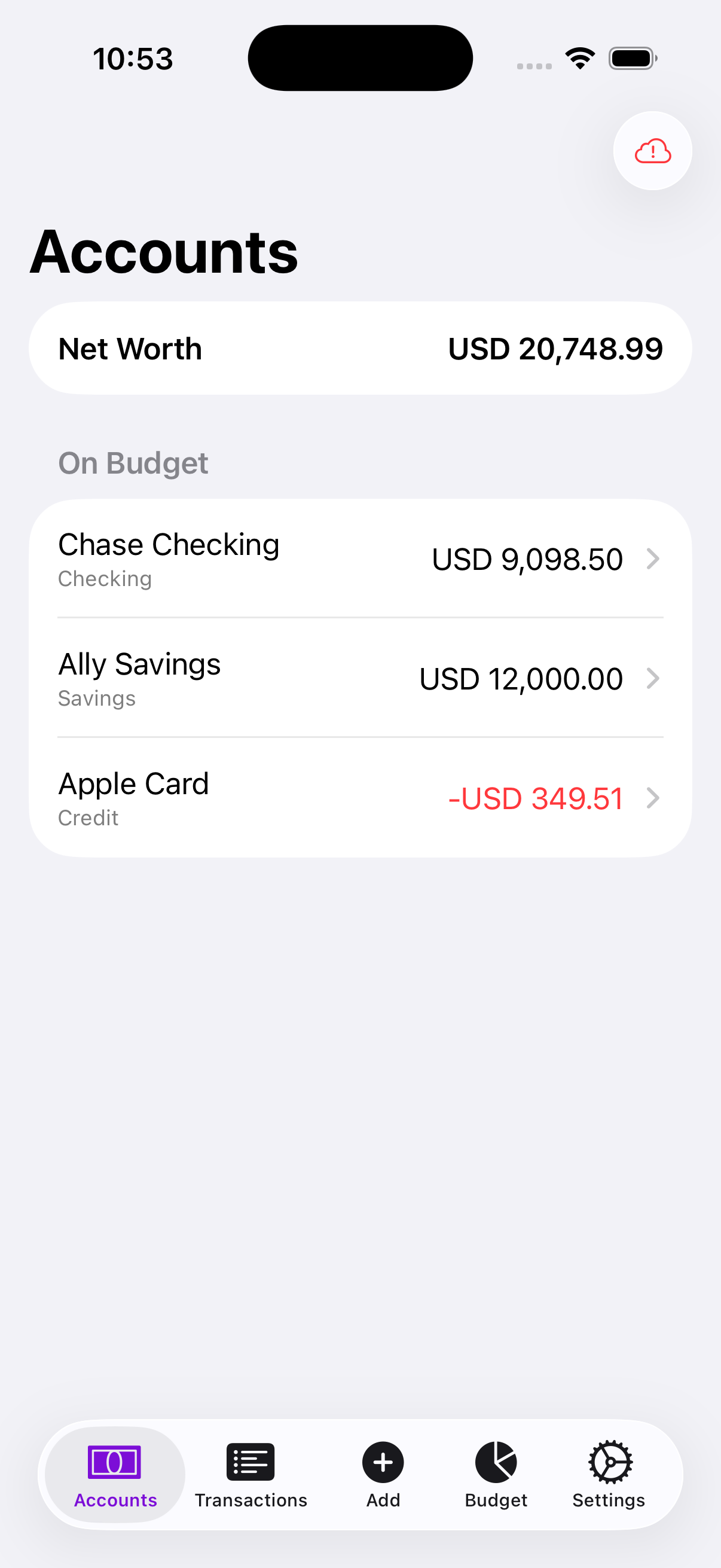 The Accounts tab of the Actuali app.