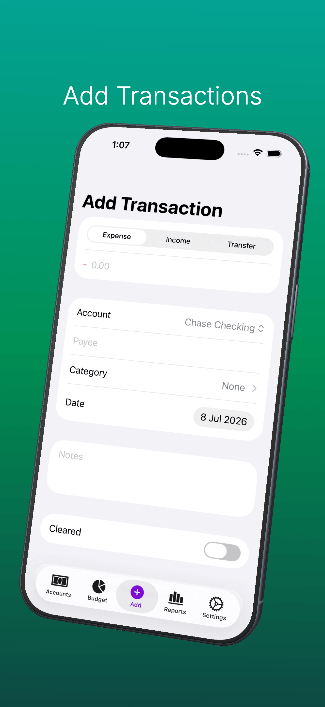 The Add Transaction screen with type, amount, account, and category.