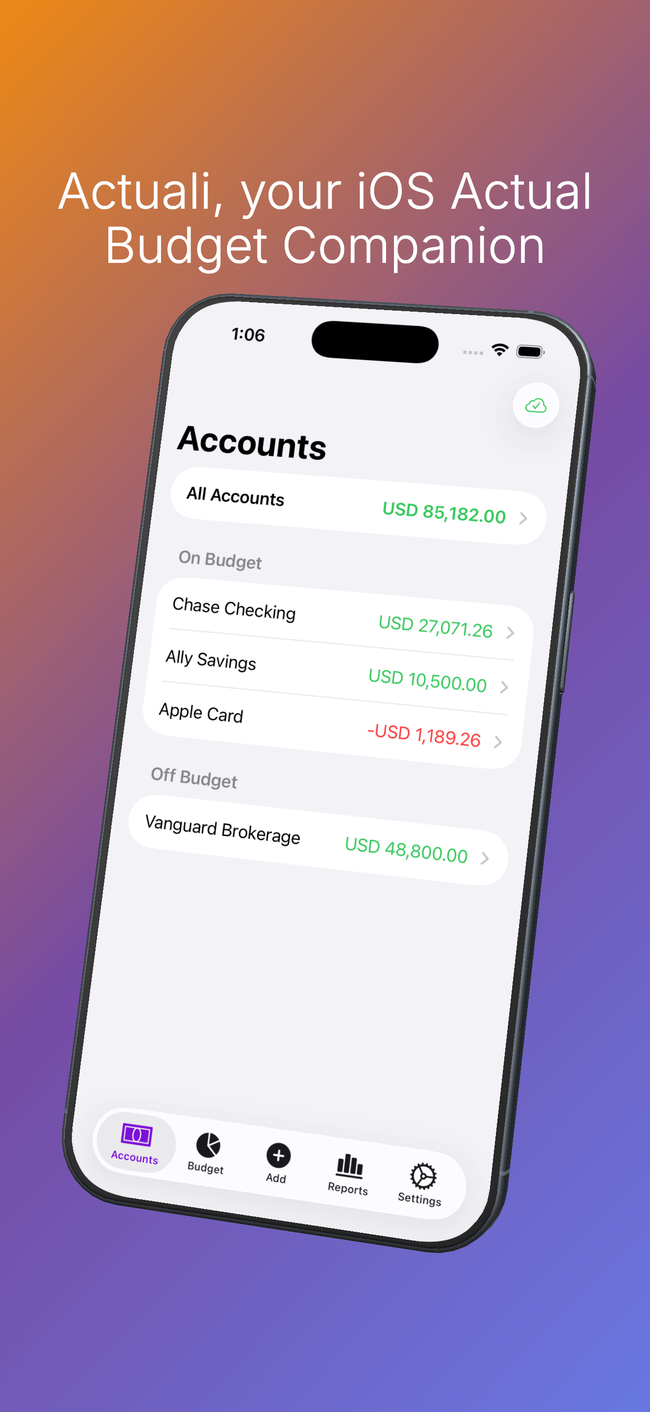 The Accounts tab of the Actuali app showing net worth and account balances.