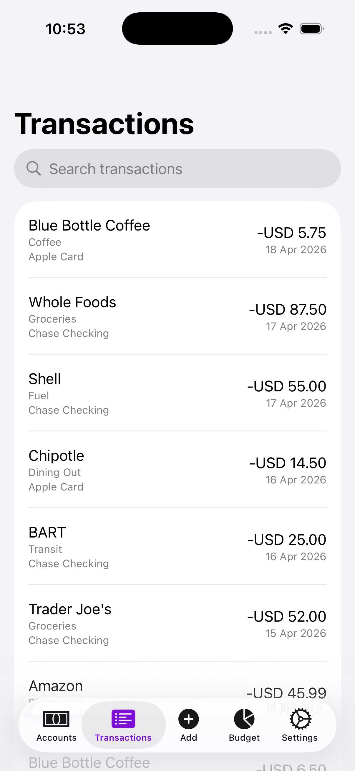 The Transactions tab with a search field and recent entries.