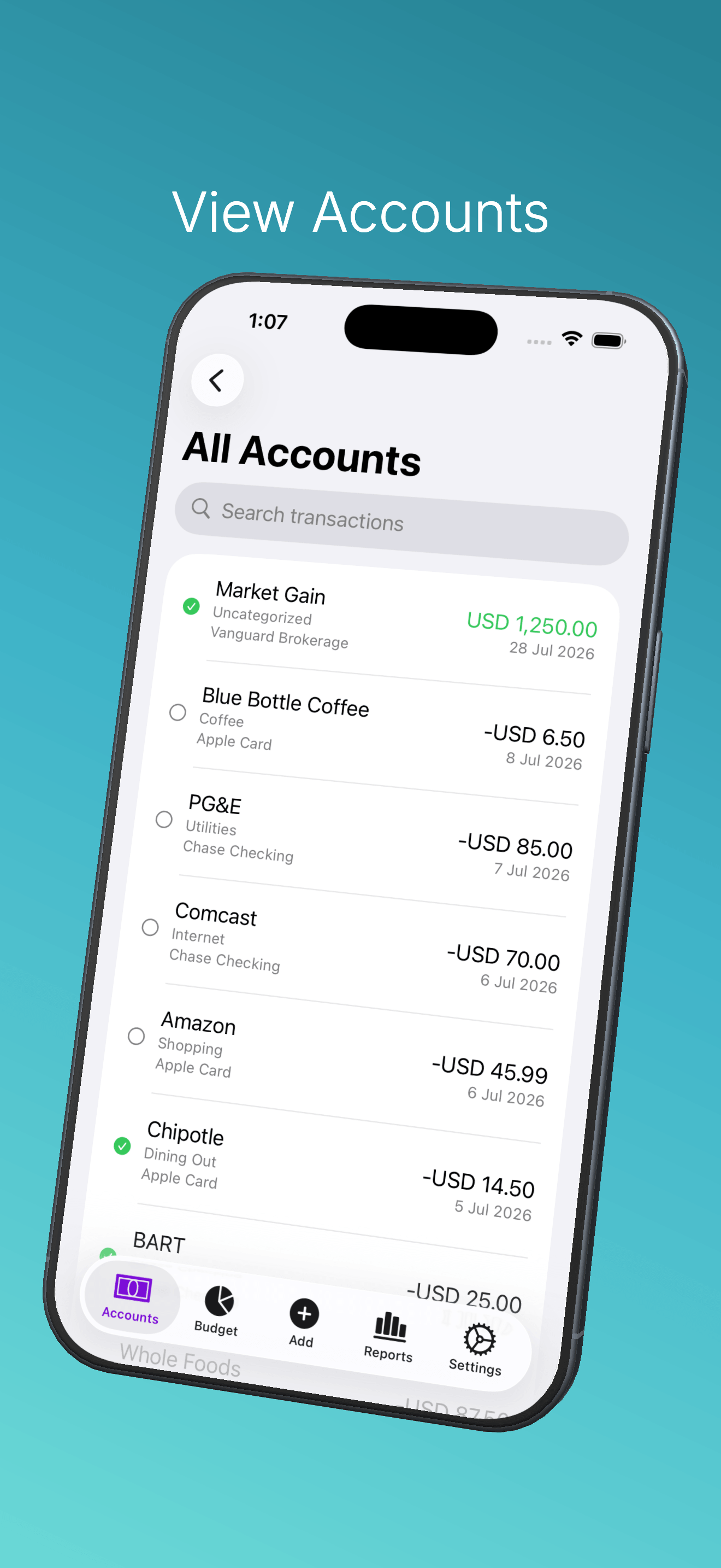 The All Accounts view showing a searchable transaction list.